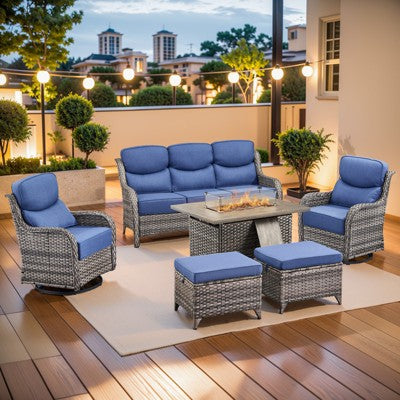 Gymojoy 6 Pieces Outdoor 6 Inch Sofa Swivel Chair Ottoman with Fire Pit Table