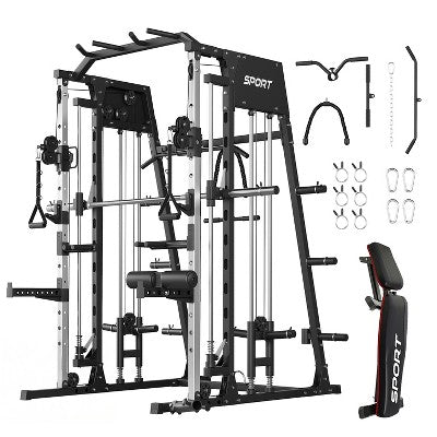 Smith Machine, 2200lbs Power Rack with Smith Bar, Cable Crossover Machine for Home Gym, Multifunctional Smith Machine with LAT Pulldown System