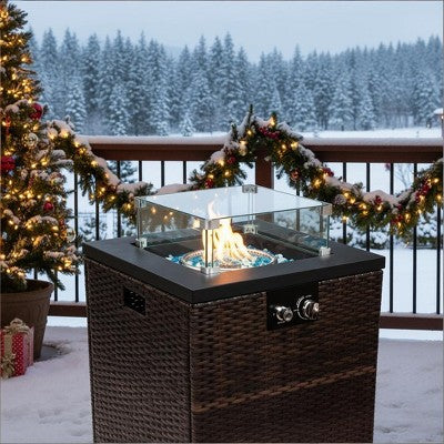 22" Propane Gas Fire Pit Table, 50000 BTU Square Steel Fire Pit with Beautiful Wicker Base for Outside Patio Deck Garden Backyard-Black
