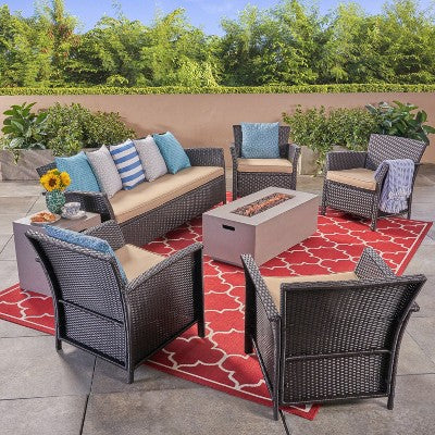 Christopher Knight Home Brynnli Outdoor Wicker and Lightweight Concrete 7 Seater Sofa and Club Chair Chat Set with Fire Pit
