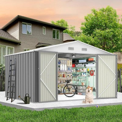 Acekool 12x10 Ft Outdoor Storage Shed, Large Steel Garden Tool Shed with Sloped Roof & Lockable Doors, Ventilated, Grey