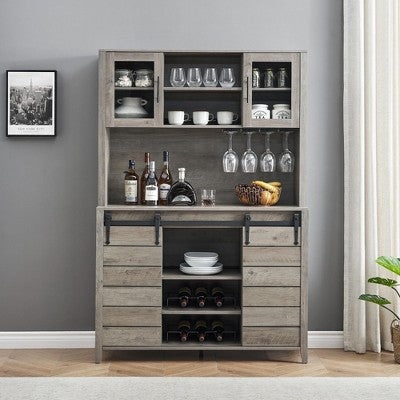 70" Farmhouse Coffee Bar Wine Cabinet with Sliding Barn Doors and Storage, Tall Kitchen Hutch with Wine & Glasses Rack, Pantry Cabinet for Dining Room