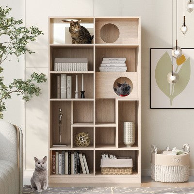 PAGED Wood Bookshelf Modern 2 in 1 Bookcase Cat Tree Display Case with Storage for Home Office, Study