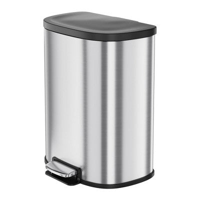 D Shape Kitchen Trash Can 50L/13.2 Gal,Smudge Resistant Step-On Garbage Can with Lid,Stainless Steel Trash Bin with Removable Buckets,Soft-Close Lid