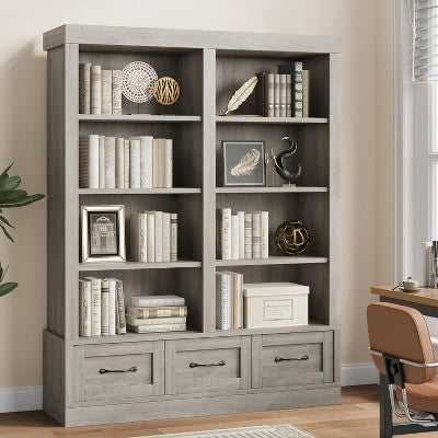 64" Tall Bookcase - 3 Drawers & 4 Double-Wide Shelves, Large Storage for Office & Living Room