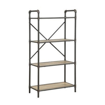 TUYOHW Rectangular Bookshelves,Open Storage Bookshelf with Round Metal Steel Tube,Bookcases for Living Room,Office,Grey+Oak