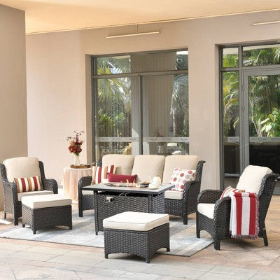 Ovios Orlando 6pc Gray Wicker Outdoor Patio Furniture Conversation Sofa Set with a Rectangle Fire Pit and Cushions