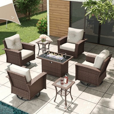 LayinSun Wicker Patio Furniture Set with Fire Pit Table, Classis Outdoor Conversation 360 Degree Swivel Chairs Set with Coffee Table