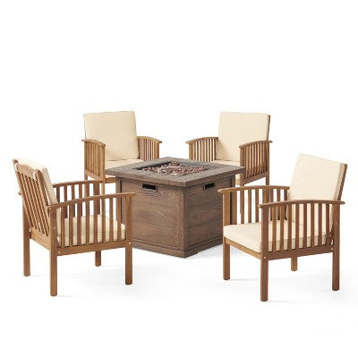 Christopher Knight Home Carolina Outdoor Acacia Wood 5 Piece Club Chair and Fire Pit Set with Cushions