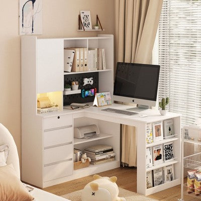 Kumasinova L-Shaped Corner Home Office Desk with Hutch&LED Lights,Power Outlets,Modern Computer Desk Study Table for Writing,Home Workstation,White