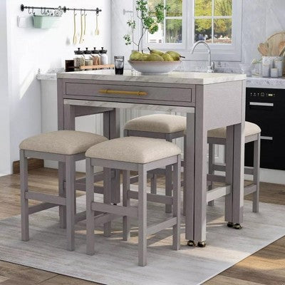 5-Piece Dining Set with Storage Drawer and 4 Stools