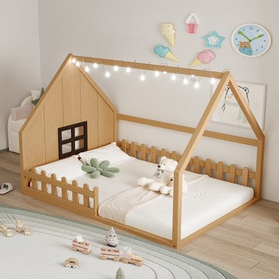 Gulches Full Size Wood House Bed with Window and Fence, Natural