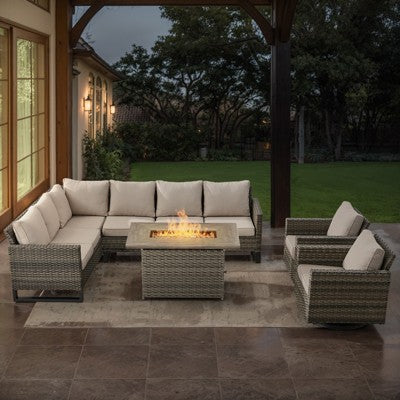 POCASSY L-Shaped Patio Sectional Sofa Set with Fire Pit Table, All Weather Gray Wicker Outdoor Furniture Set with Swivel Chair and Propane Fire Pit