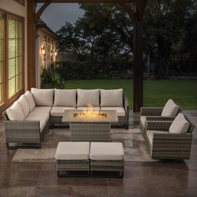 POCASSY 8 Piece Outdoor Sectional Patio Furniture Set, All Weather Gray Wicker Outdoor Furniture Set with Swivel Chair and 41" Propane Fire Pit