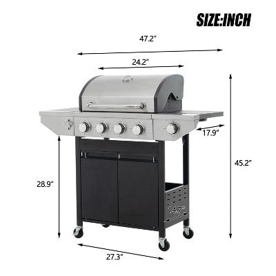 Cesicia Gas Grill, 4 Burner Barbecue Grill, Stainless Steel 26,000 BTU Patio Garden Barbecue Grill with Two Shelves, Lid, Wheels and Bottle Opener