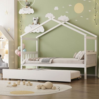 Kumasinova Kids House Bed with Trundle,Twin/Full Size Wooden Bed Frame with Roof,Headboards,Toddler Beds for Kid's Room,Bedroom