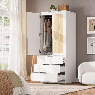 GustoWave Rattan Armoire Wardrobe Closet with 3 Drawers and 2 Doors, Modern Wooden Wardrobe Cabinets, Tall Standing Bedroom Armoires, Heavy Duty