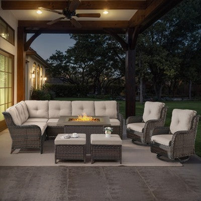 POCASSY 7-piece outdoor furniture set with fire pit table, brown wicker outdoor living set with patio sectional sofa, swivel chair