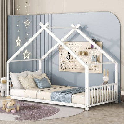 Sapphtopaz Floor House Bed Frame for Kid with Roof Design Platform Bed with Metal Frame for Kids Bedroom, Playroom, Nursery