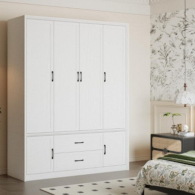 Famapy Modern Minimalist/Vintage Industrial 6-Door Wardrobe,Armoire with 2 Drawers,Hanging Rod,Bedroom & Closet Storage Center,White/Brown