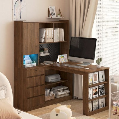 Kumasinova L-Shaped Corner Home Office Desk with Hutch&LED Lights,Power Outlets,Modern Computer Desk Study Table for Writing,Home Workstation,Brown