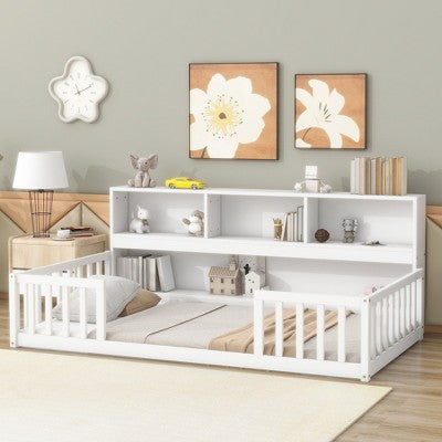 CAVINAS Twin Size Wood Montessori Bed with Safety Guardrails,Modern Floor Bed Frame with Side Bookcase and Shelves,Toddler Bed for Bedroom,White