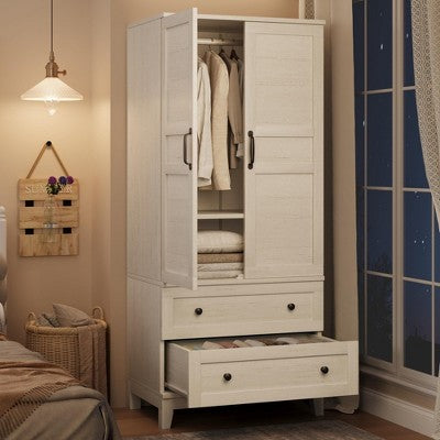 Coolmee Armoire Wardrobe Closet with 2 Drawers, 72" Wooden Wardrobe Cabinet with Hanging Rod, Tall Clothing Armoire Cabinet with Doors