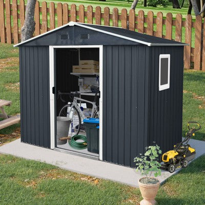 MOEPISY 8ft X 4ft Outdoor Metal Storage Shed With Window And Metal Foundation, Black And White