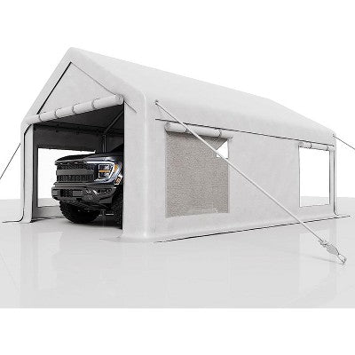 13x25 ft Carport with 10 Sandbags, Car Port with 220 g PE Tarp, 2 Roll-Up Doors, and 4 Windows, for Full-Size Pickups, Bass Boats and SUVs, Gray