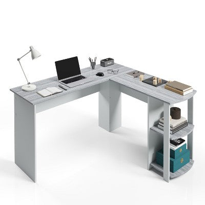 TiramisuBest Olympus Wood and Metal Corner Desk in Acacia and Black with Natural for Writing Desk