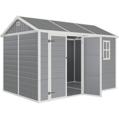 AMERLIFE Outdoor Resin Storage Shed 10.5x7.6x7.5 FT, Equipment Organizer with Floor, Window, Grey