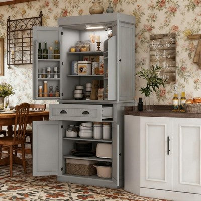 ORRD Kitchen Pantry Cabinet with LED Motion Sensor Light, Adjustable Shelves, Door Storage & Drawer, Modern Freestanding Organizer, Gray