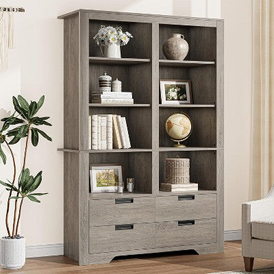 Farmhouse Bookshelf with Storage Shelves, 72" Tall Floor Standing Bookcase with 4 Drawers, Freestanding for Bedrooms, Offices and Living Room