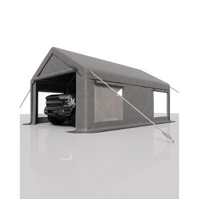 12x20 Ft Carport, Car Port with 200g PE Tarp, Roll-Up Doors, and 4 Windows, for Full-Size Pickups, Bass Boats, Tractors, and SUVs