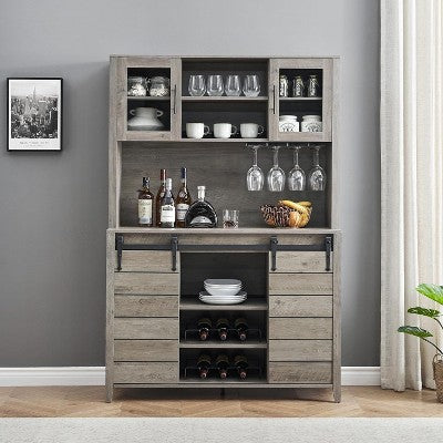 Acekool 70'' Farmhouse Coffee Bar Cabinet, Kitchen Hutch Storage with Sliding Barn Door, Buffet Sideboard with Wine Rack & Glass Slots