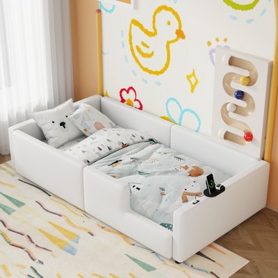 TIRAMISUBEST Twin Size Upholstered Platform Bed with Guardrail and Charging Station, Modern Floor Daybed Montessori Bed Toddler Bed