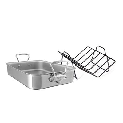 Mauviel M'Cook 5-Ply Polished Stainless Steel Roasting Pan With Rack, And Cast Stainless Steel Handles, 15.7 x 11.8-in, Made In France