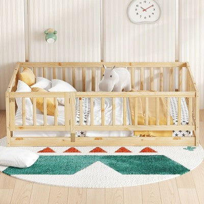 Kumasinova Kids Floor Bed with Safety Guardrail & Doors,Solid Pine Wood Montessori Bed for Girls & Boys,Slatted Low Profile Bed Frame