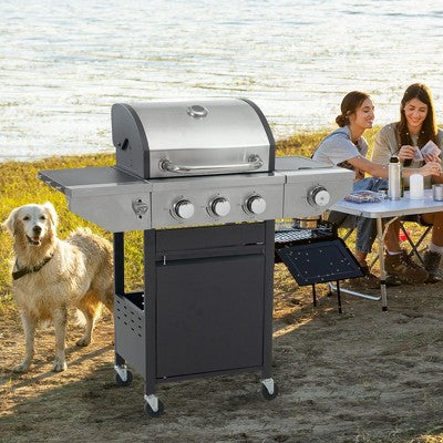 Kumasinova 3-Burner Propane Gas BBQ Grill with Side Burner,37000BTU Output,Stainless Steel Grills with Foldable Side Tables,Thermometer&Wheels