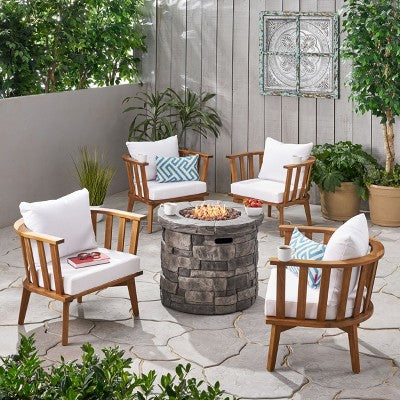 Christopher Knight Home Whitehall Outdoor Acacia Wood 5 Piece Club Chair and Fire Pit Set with Cushions