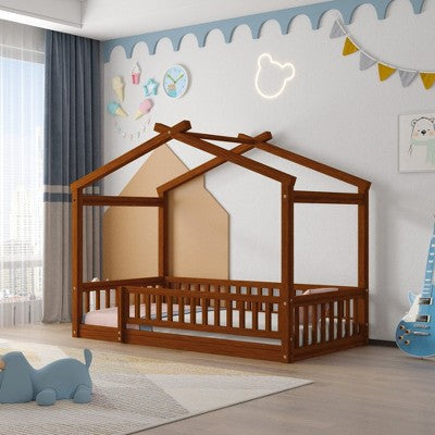 CAVINAS Twin Size Wood Montessori Bed,Modern Floor Bed with House Shaped Frame and Safety Fence,Toddler Bed for Bedroom