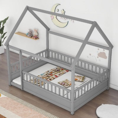 Lyngins Kids' Floor Bed Frame with Wooden House Roof & High Fence Guardrails, Pine Wood Twin Size Toddler Bed/Child Bed, Easy Assembly