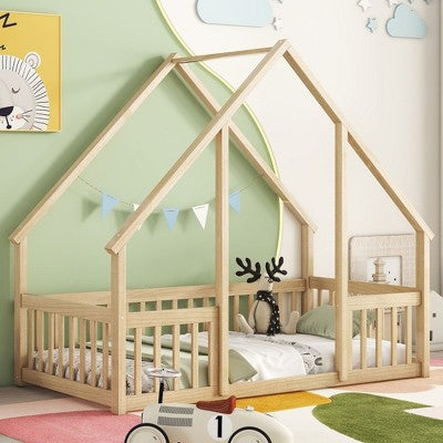 Okak Twin/Full Size House-Style Bed Frame with Fence Guardrails,Modern Floor Bed for Toddlers/Kids Bedroom
