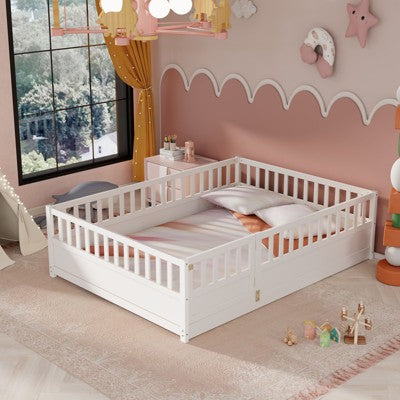 CAVINAS Full Size Floor Beds for Kids,Wooden Toddler Bed with Fence&Door,Children's Floor Bed for Girls,Boys,Pine Wood,Box Spring Required