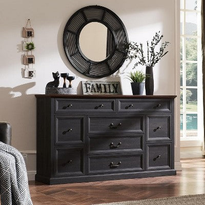 60" Farmhouse 9 Drawer Dresser, Rustic Wood Organizer with 3 Size Drawers, Large Versatile Storage for Bedroom, Living Room, Hallway