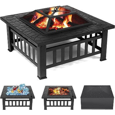 vancasso 32" Wood Burning Fire Pit Metal Square Outdoor Fire Tables Steel