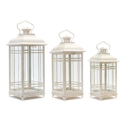 Traditional Ivory Metal Lantern Set of 3, Metal & Glass Decorative Lanterns 19.25" by Melrose