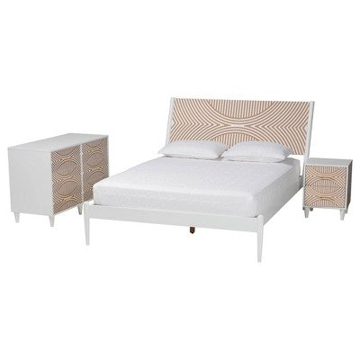 Baxton Studio King 3pc Louetta Carved Contrasting Bedroom Set White/Natural Brown