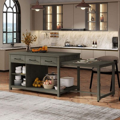 ORRD Extendable Kitchen Island with Power Outlets, Rolling Cart with Drawers & Shelves, Retro Mobile Storage（Natural）