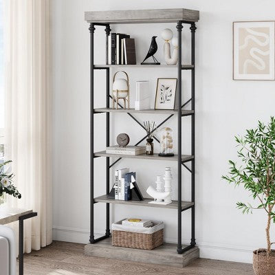 6 Tier Bookshelf, Farmhouse Book Shelves with Open Shelves, Tall Bookcase Shelf Storage Organizer, Modern Industrial Wood and Black Metal Bookshelves